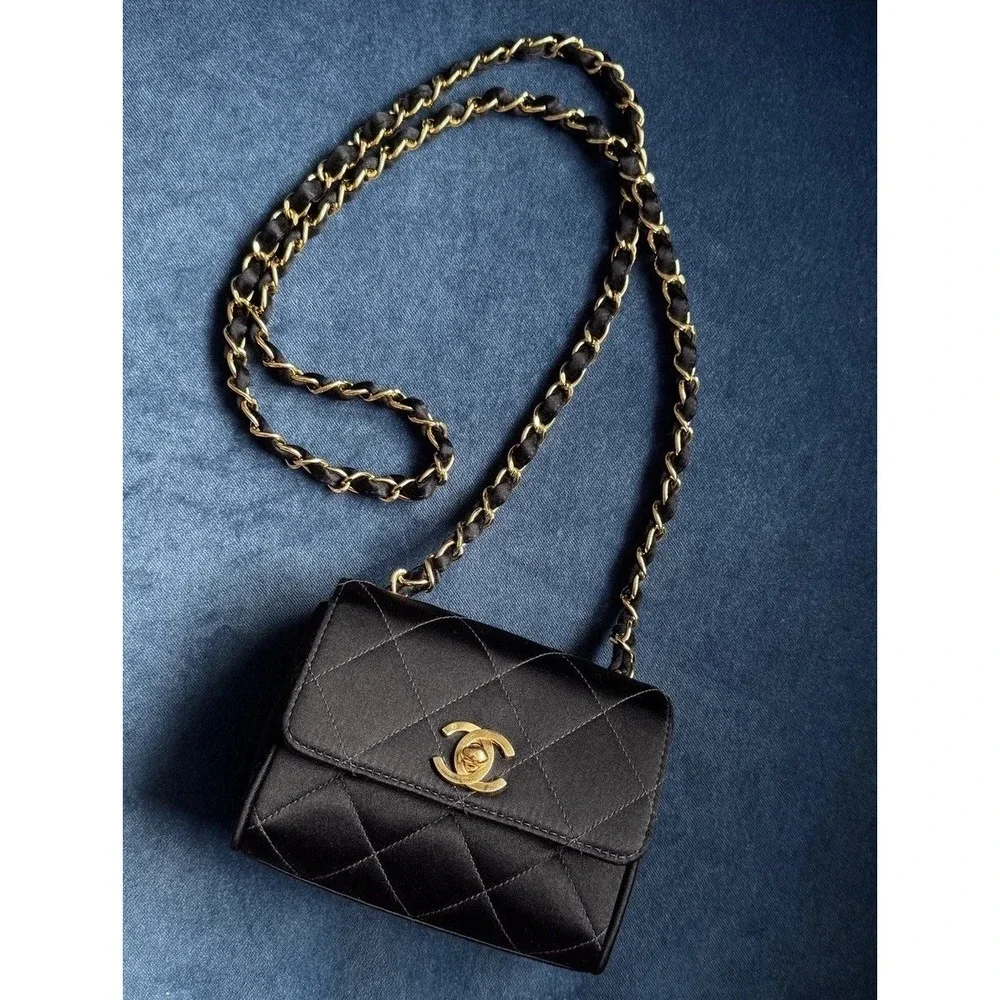 Vintage Chanel Black Satin Mini Square‎ flap Crossbody Bag
